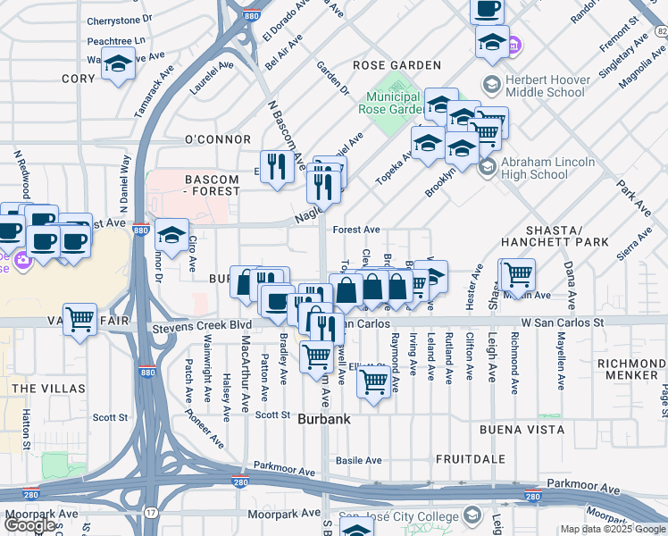 map of restaurants, bars, coffee shops, grocery stores, and more near 2473 Olive Avenue in San Jose