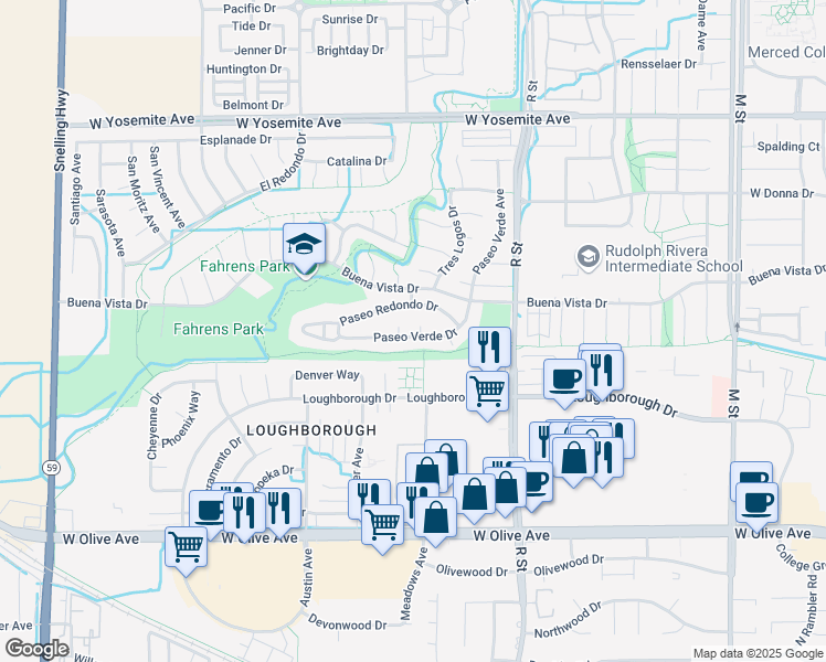 map of restaurants, bars, coffee shops, grocery stores, and more near 1199 Paseo Verde Drive in Merced