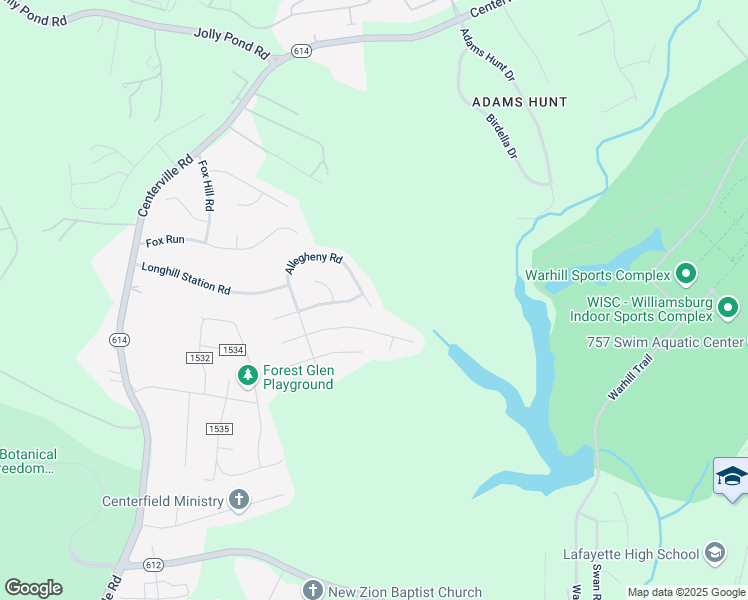 map of restaurants, bars, coffee shops, grocery stores, and more near 5997 Allegheny Road in Williamsburg