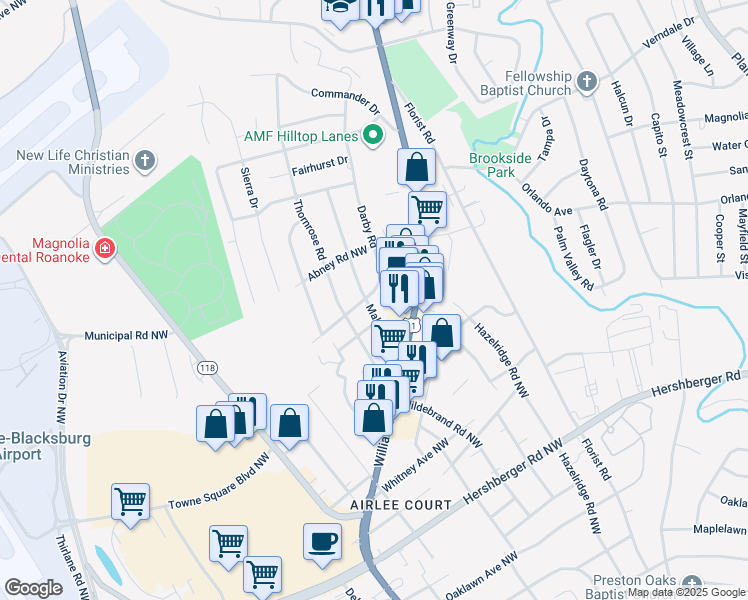 map of restaurants, bars, coffee shops, grocery stores, and more near 5505 Darby Road in Roanoke