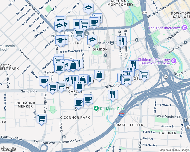 map of restaurants, bars, coffee shops, grocery stores, and more near 782 Park Avenue in San Jose