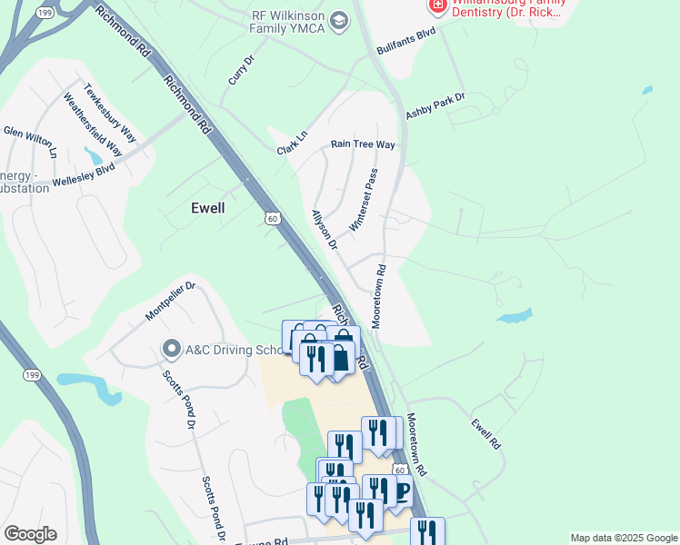 map of restaurants, bars, coffee shops, grocery stores, and more near 110 Allyson Drive in Williamsburg