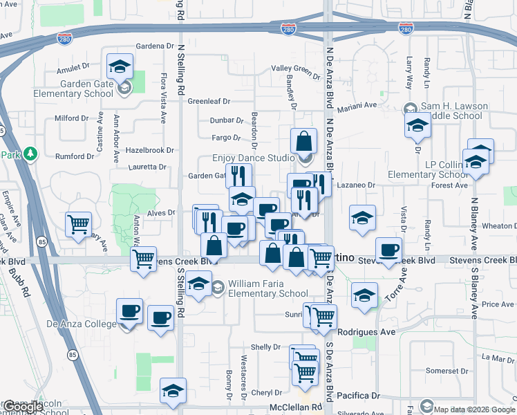 map of restaurants, bars, coffee shops, grocery stores, and more near 10162 Beardon Drive in Cupertino