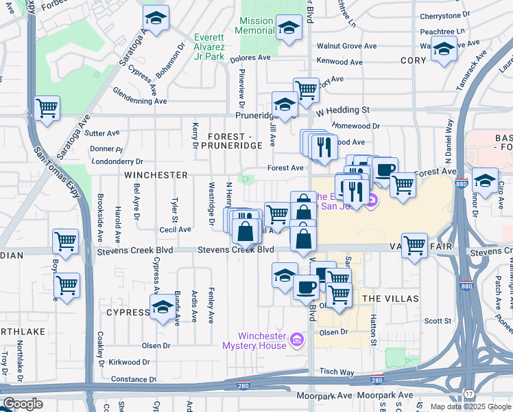map of restaurants, bars, coffee shops, grocery stores, and more near 1957 Worthington Circle in Santa Clara