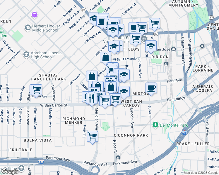 map of restaurants, bars, coffee shops, grocery stores, and more near 237 Race Street in San Jose