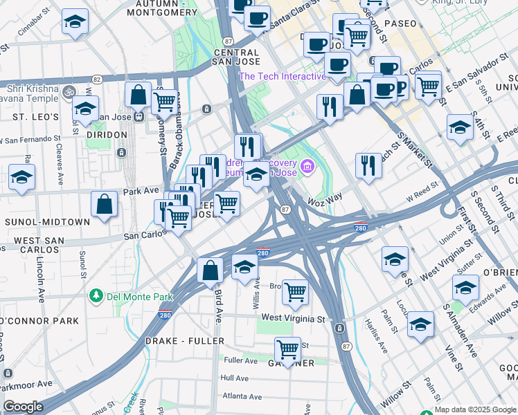 map of restaurants, bars, coffee shops, grocery stores, and more near 402 Auzerais Avenue in San Jose