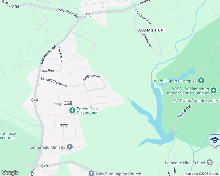 map of restaurants, bars, coffee shops, grocery stores, and more near 5997 Allegheny Road in Williamsburg