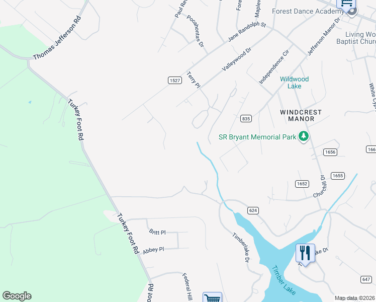 map of restaurants, bars, coffee shops, grocery stores, and more near 115 Tyler Terrace in Forest