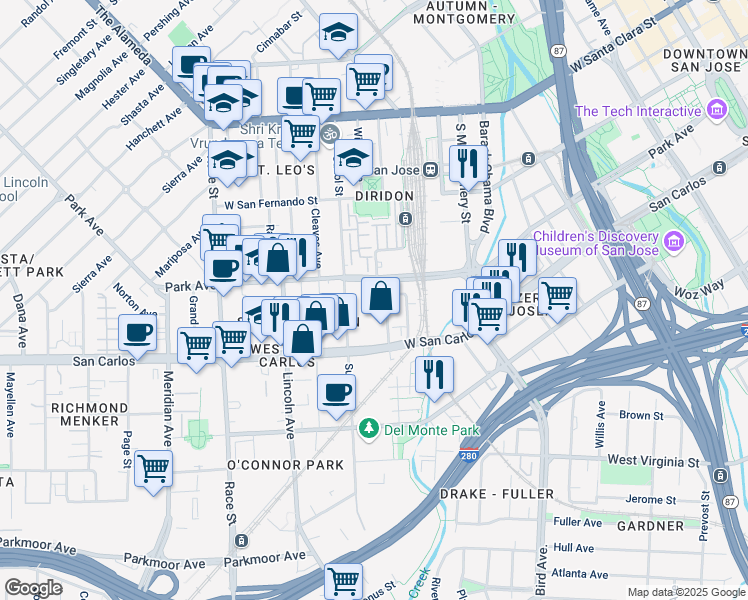 map of restaurants, bars, coffee shops, grocery stores, and more near 782 Park Avenue in San Jose