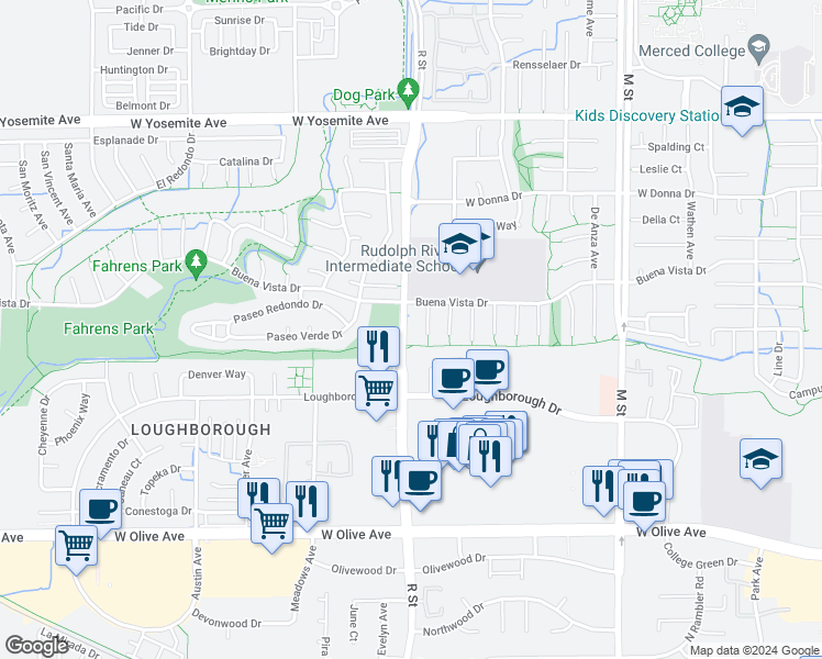 map of restaurants, bars, coffee shops, grocery stores, and more near 3375 San Mateo Court in Merced