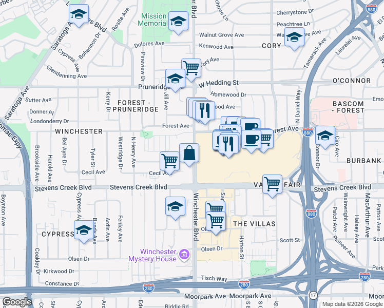 map of restaurants, bars, coffee shops, grocery stores, and more near 486 Winchester Boulevard in Santa Clara