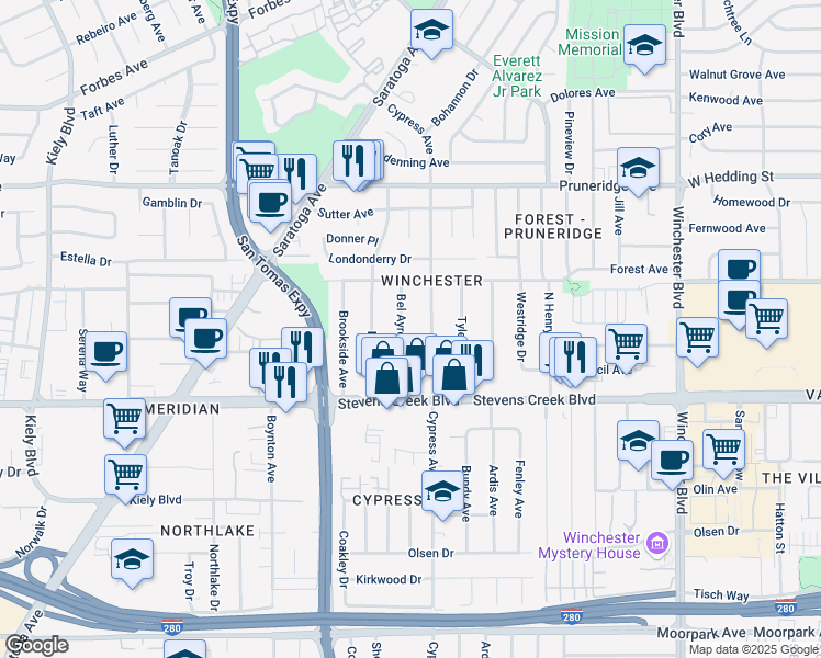 map of restaurants, bars, coffee shops, grocery stores, and more near 146 Bel Ayre Drive in Santa Clara