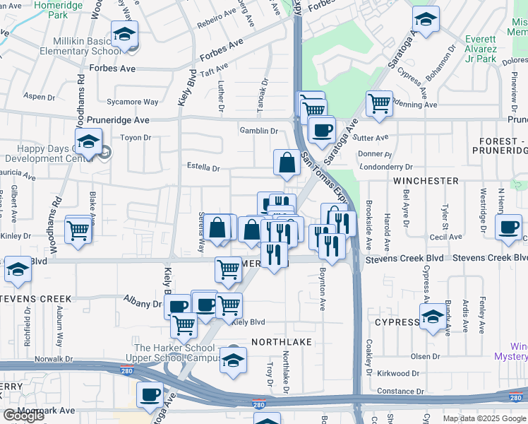 map of restaurants, bars, coffee shops, grocery stores, and more near 2625 Keystone Avenue in Santa Clara