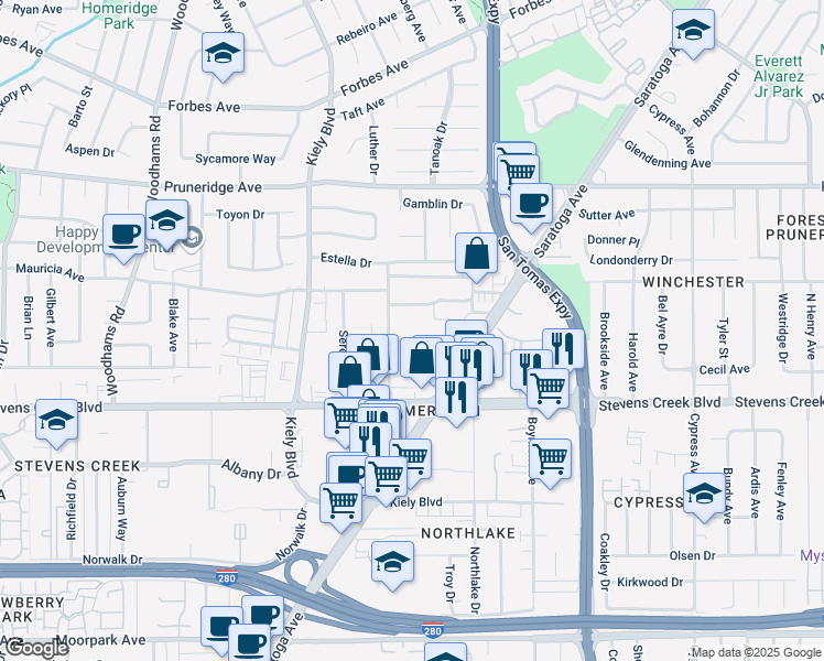 map of restaurants, bars, coffee shops, grocery stores, and more near 18 Buckingham Drive in Santa Clara