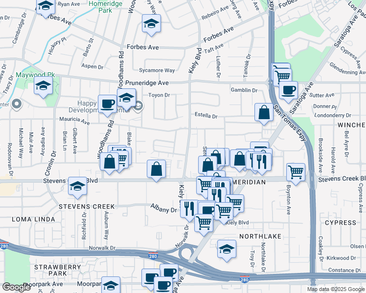 map of restaurants, bars, coffee shops, grocery stores, and more near 150 Kiely Boulevard in Santa Clara