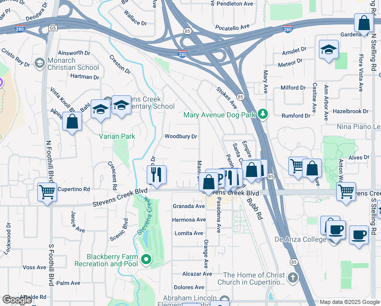 map of restaurants, bars, coffee shops, grocery stores, and more near 21821 Monte Court in Cupertino