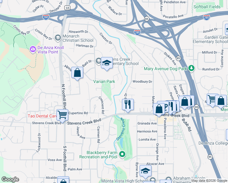 map of restaurants, bars, coffee shops, grocery stores, and more near 10235 Creston Drive in Cupertino
