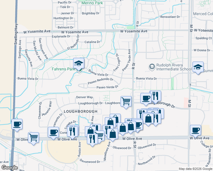map of restaurants, bars, coffee shops, grocery stores, and more near 1199 Paseo Verde Drive in Merced