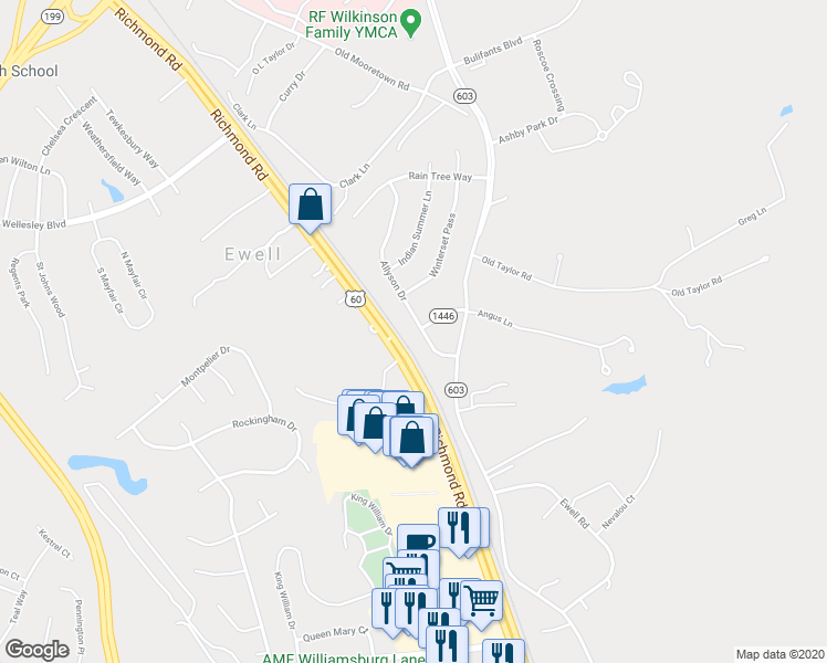 map of restaurants, bars, coffee shops, grocery stores, and more near 110 Allyson Drive in Williamsburg