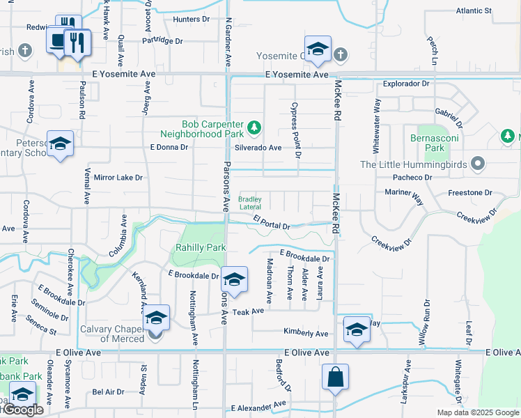 map of restaurants, bars, coffee shops, grocery stores, and more near 3320 Banbury Lane in Merced