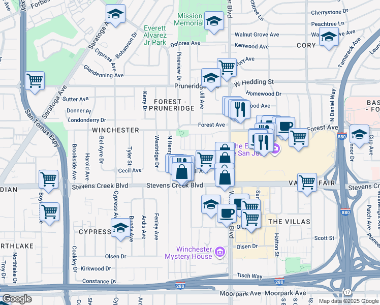 map of restaurants, bars, coffee shops, grocery stores, and more near 1957 Worthington Circle in Santa Clara