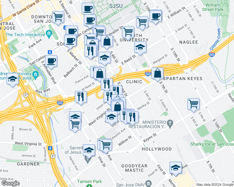 map of restaurants, bars, coffee shops, grocery stores, and more near 744 South 2nd Street in San Jose