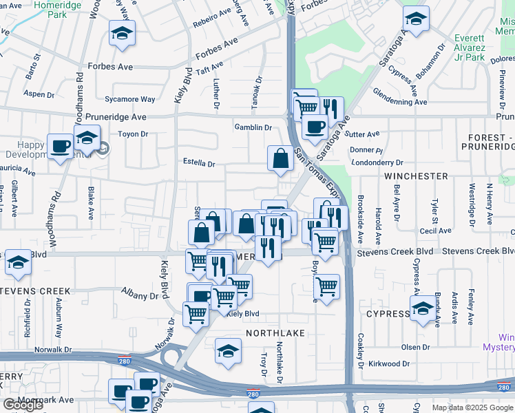 map of restaurants, bars, coffee shops, grocery stores, and more near 2625 Keystone Avenue in Santa Clara