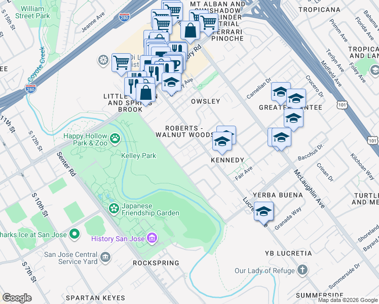 map of restaurants, bars, coffee shops, grocery stores, and more near 1385 Lucretia Avenue in San Jose