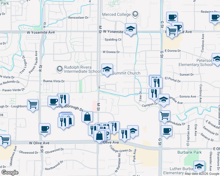 map of restaurants, bars, coffee shops, grocery stores, and more near 500 Buena Vista Drive in Merced