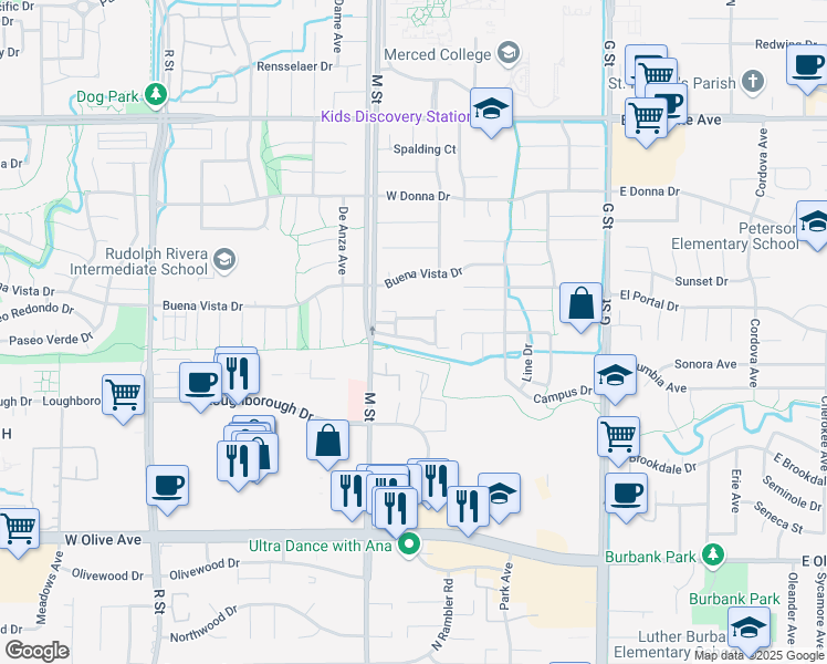map of restaurants, bars, coffee shops, grocery stores, and more near 3350 M Street in Merced