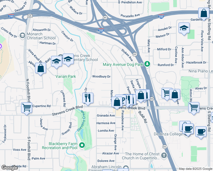 map of restaurants, bars, coffee shops, grocery stores, and more near 21821 Monte Court in Cupertino