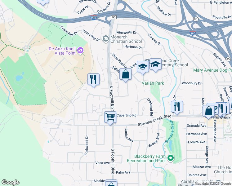 map of restaurants, bars, coffee shops, grocery stores, and more near 10190 North Foothill Boulevard in Cupertino