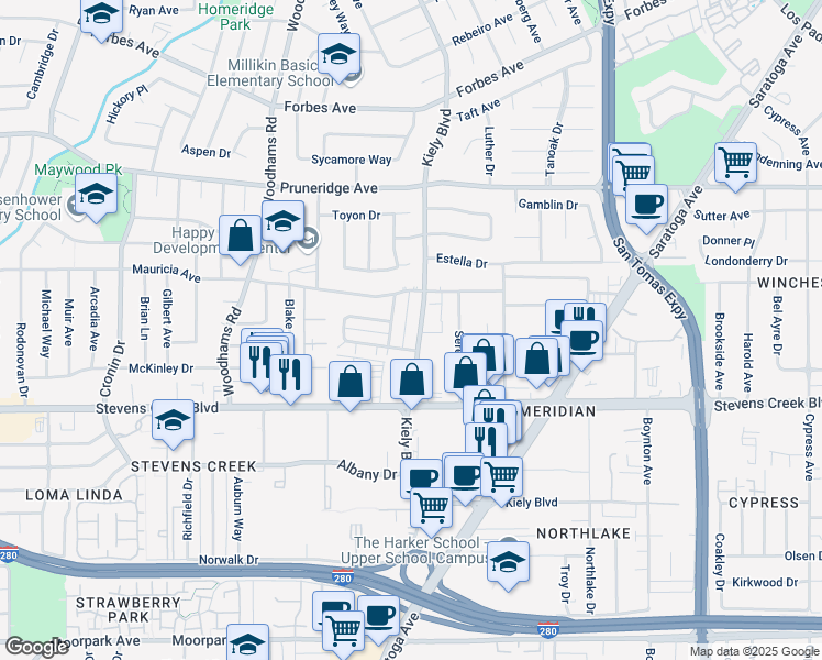 map of restaurants, bars, coffee shops, grocery stores, and more near 130 Kiely Boulevard in Santa Clara