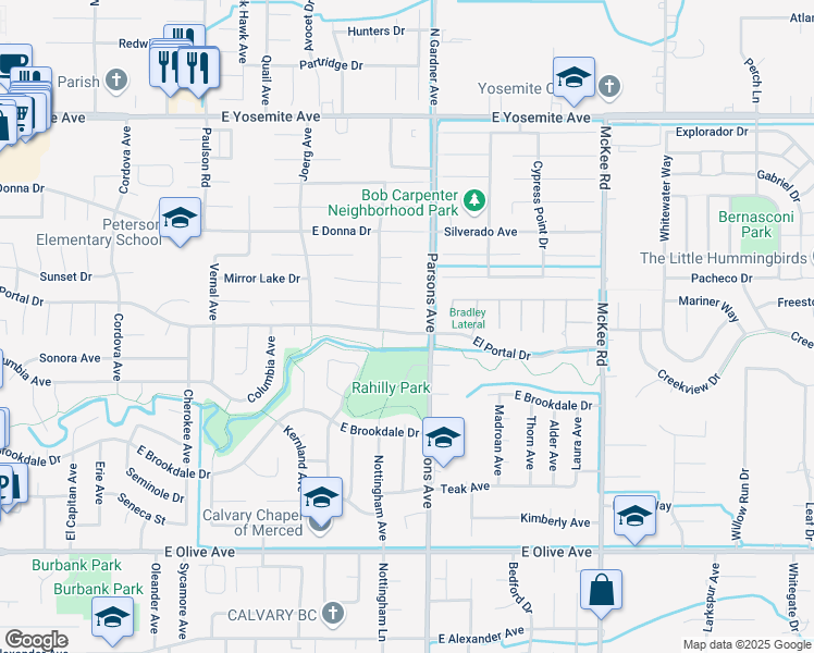 map of restaurants, bars, coffee shops, grocery stores, and more near 1367 El Portal Drive in Merced