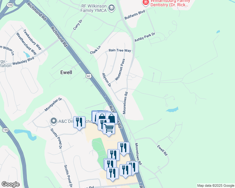 map of restaurants, bars, coffee shops, grocery stores, and more near 110 Pemberton Lane in Williamsburg
