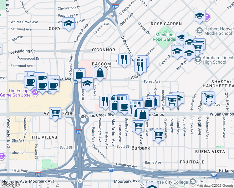 map of restaurants, bars, coffee shops, grocery stores, and more near 2050 Clarmar Way in San Jose
