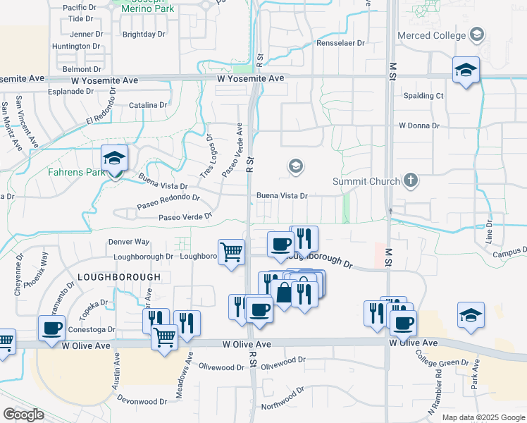 map of restaurants, bars, coffee shops, grocery stores, and more near 3357 San Mateo Court in Merced