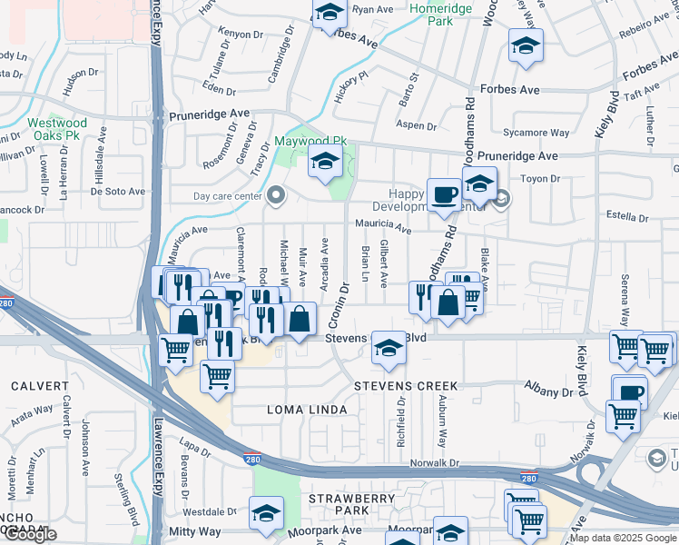 map of restaurants, bars, coffee shops, grocery stores, and more near 124 Cronin Drive in Santa Clara