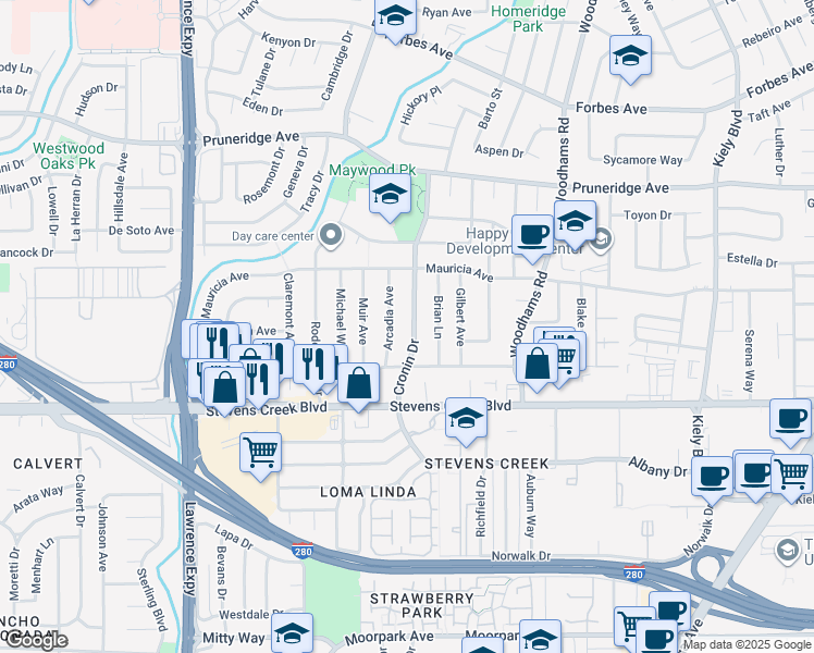 map of restaurants, bars, coffee shops, grocery stores, and more near 124 Cronin Drive in Santa Clara