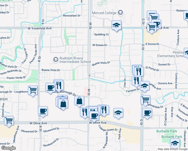 map of restaurants, bars, coffee shops, grocery stores, and more near 500 Buena Vista Drive in Merced
