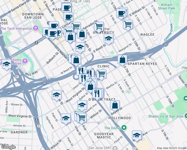map of restaurants, bars, coffee shops, grocery stores, and more near 718 South 2nd Street in San Jose