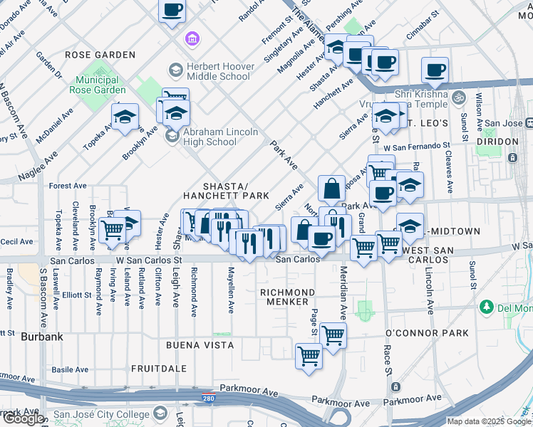 map of restaurants, bars, coffee shops, grocery stores, and more near 1558 Martin Avenue in San Jose