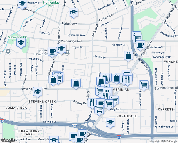 map of restaurants, bars, coffee shops, grocery stores, and more near 150 Kiely Boulevard in Santa Clara