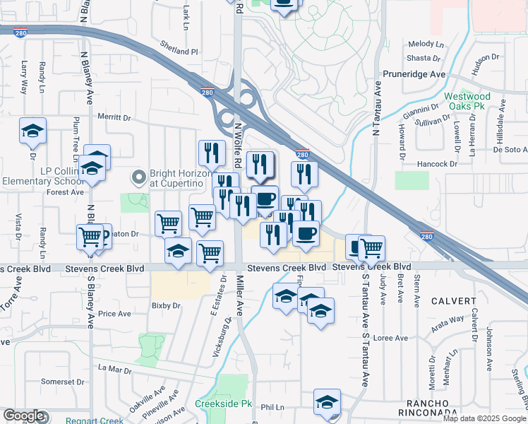 map of restaurants, bars, coffee shops, grocery stores, and more near 19383-19395 Vallco Parkway in Cupertino