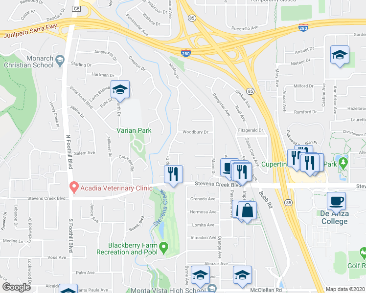 map of restaurants, bars, coffee shops, grocery stores, and more near 10170 Phar Lap Drive in Cupertino