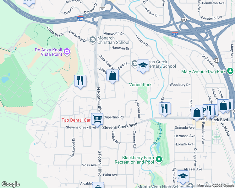 map of restaurants, bars, coffee shops, grocery stores, and more near 10201 Hillcrest Road in Cupertino