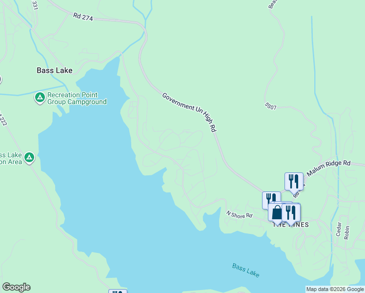 map of restaurants, bars, coffee shops, grocery stores, and more near Dogwood Creek Drive in Bass Lake