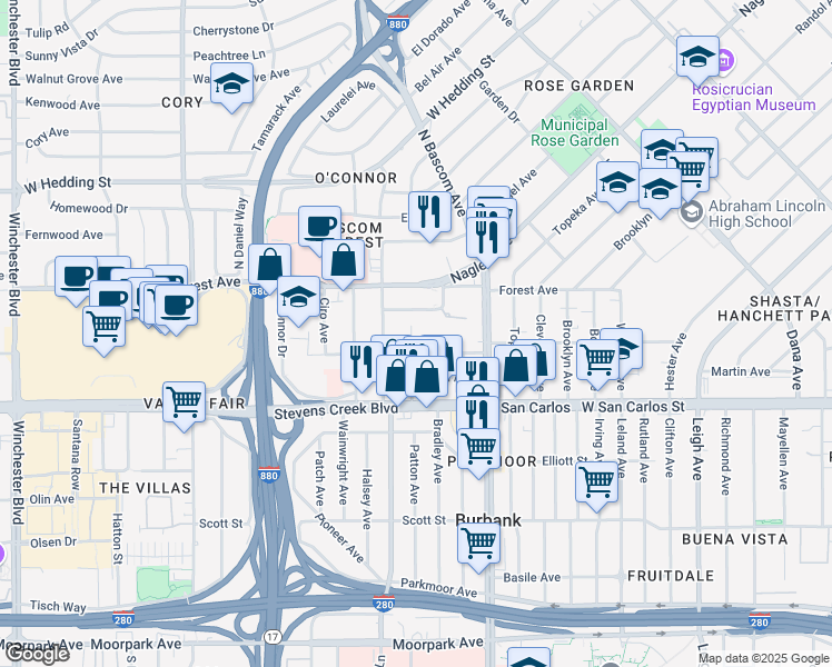 map of restaurants, bars, coffee shops, grocery stores, and more near 166 Revey Avenue in San Jose