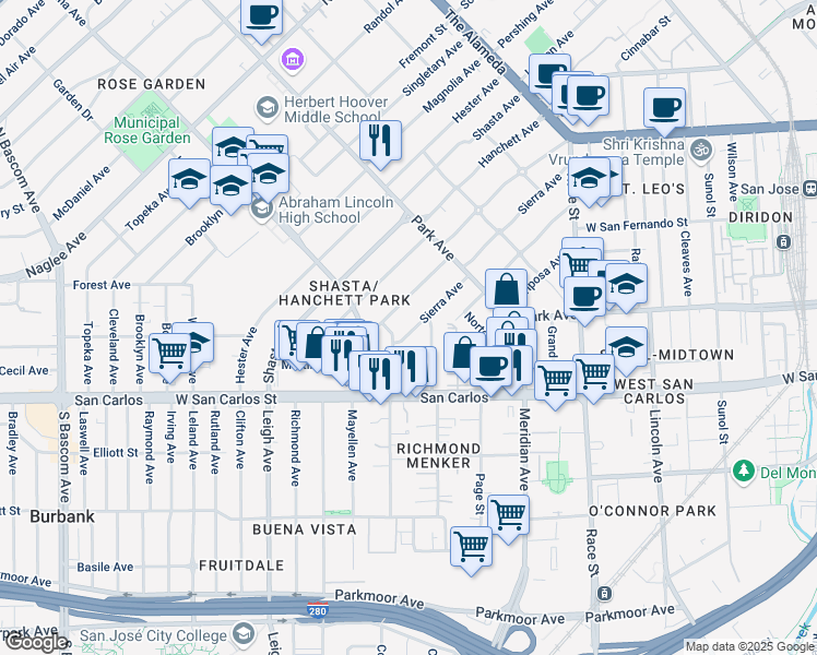map of restaurants, bars, coffee shops, grocery stores, and more near 1558 Martin Avenue in San Jose