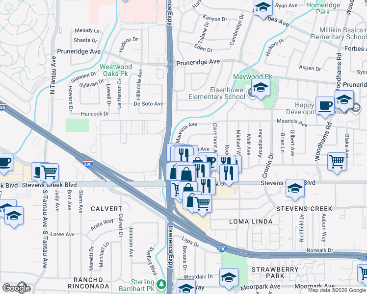 map of restaurants, bars, coffee shops, grocery stores, and more near 3567 Mauricia Avenue in Santa Clara